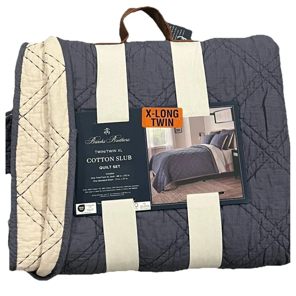 Brooks Brothers Cotton Slub Quilt and Sham Set Twin XL Dark Blue Diamond Stitch